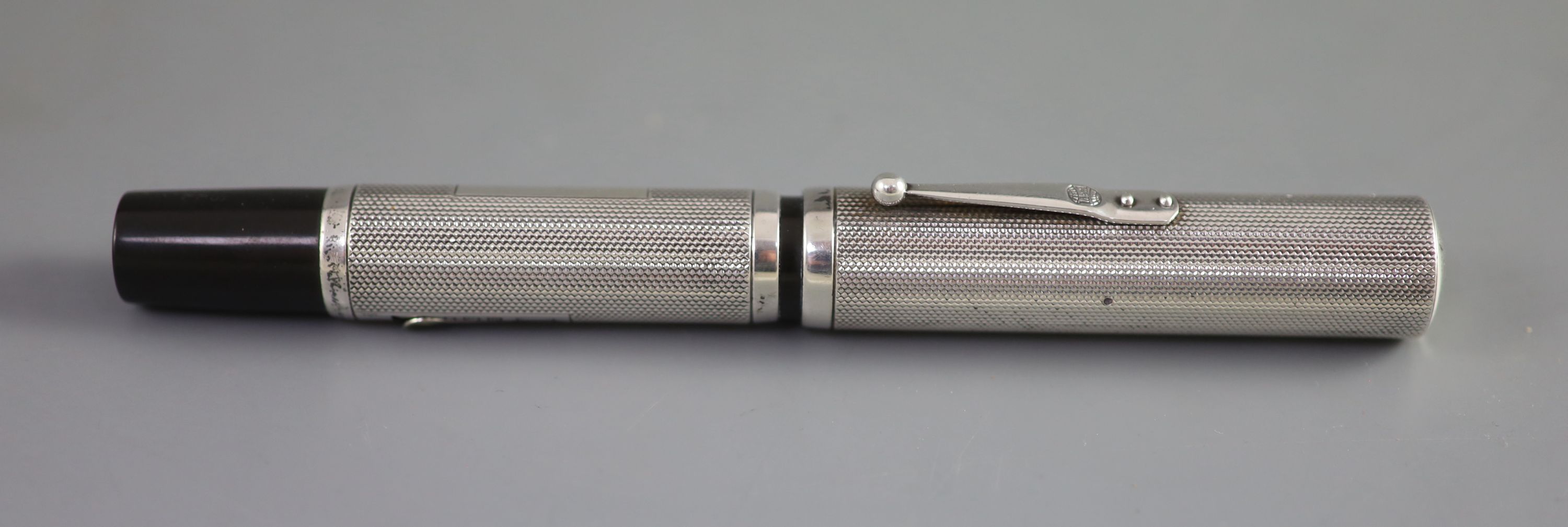 A rare giant Waterman's 58 Ideal silver overlaid fountain pen, 15.2 cm, Waterman’s case